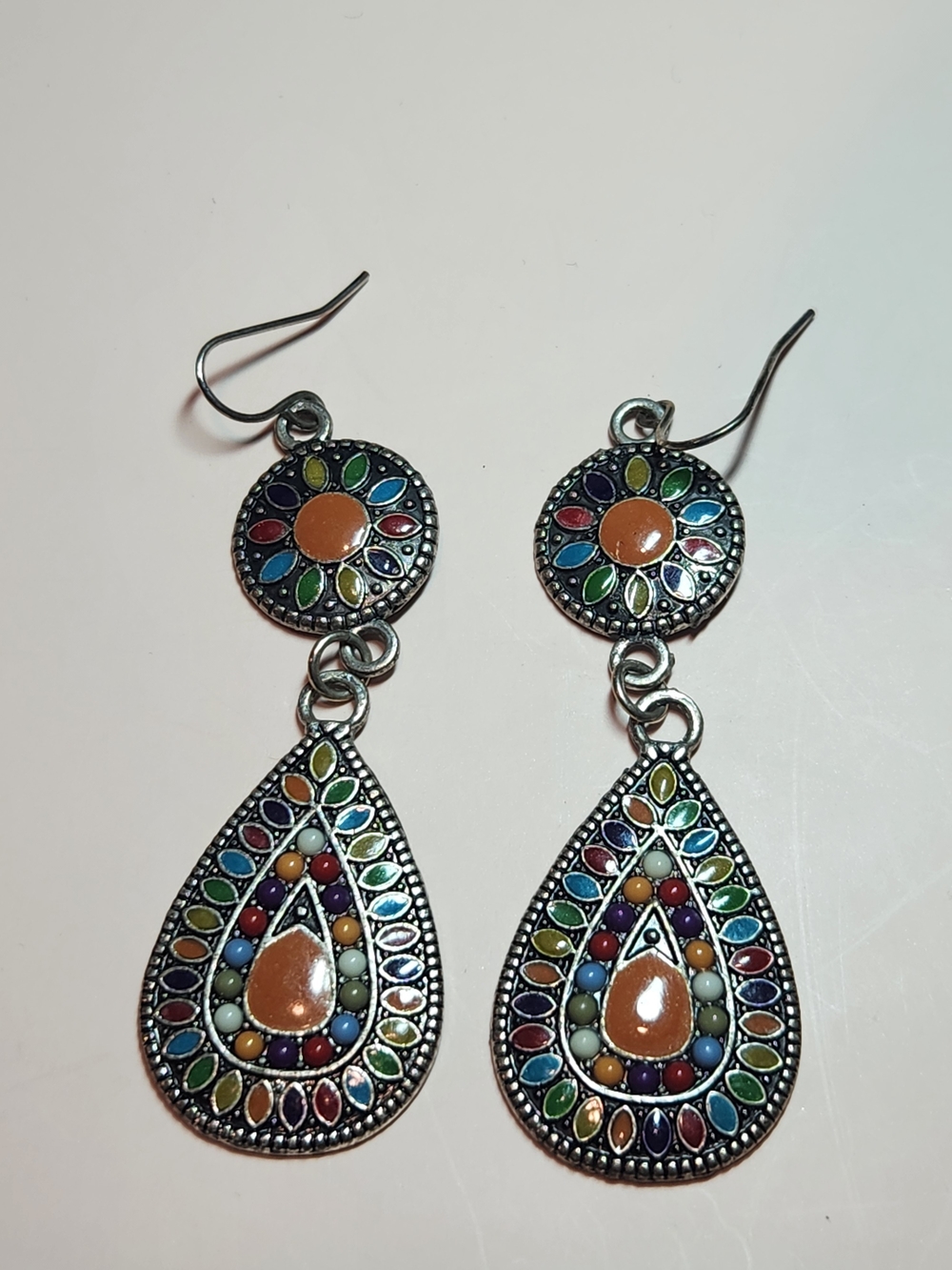 Colorful Boho Teardrop Dangle Earrings with Orange Accent